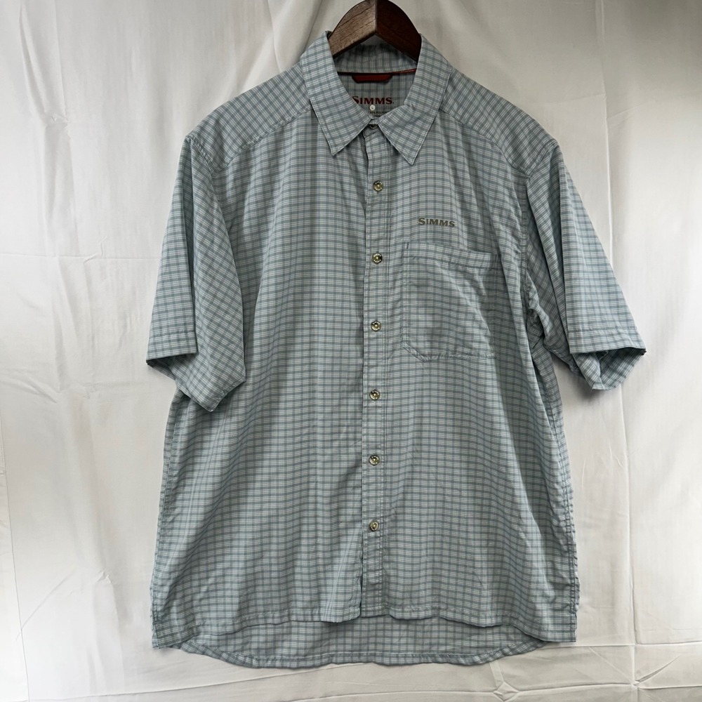 Simms Fishing Shirt Mens Large Blue Plaid Short Sleeve Button Up